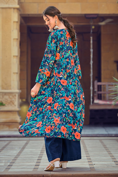 Blue Art Silk Readymade Indo Western Palazzo Suit With Shrug