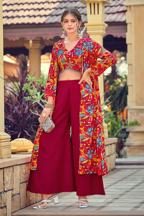 Pink Readymade Indo Western Palazzo Set With Jacket