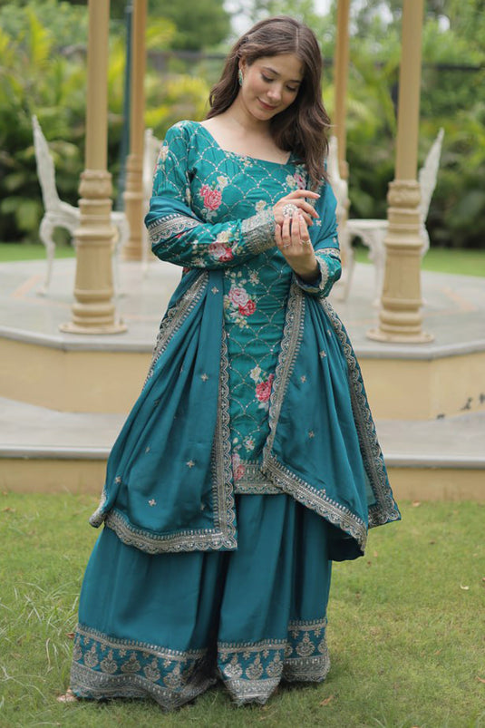 Blue Color Embroidered Readymade Palazzo Suit