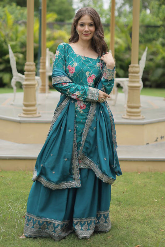 Blue Color Embroidered Readymade Palazzo Suit