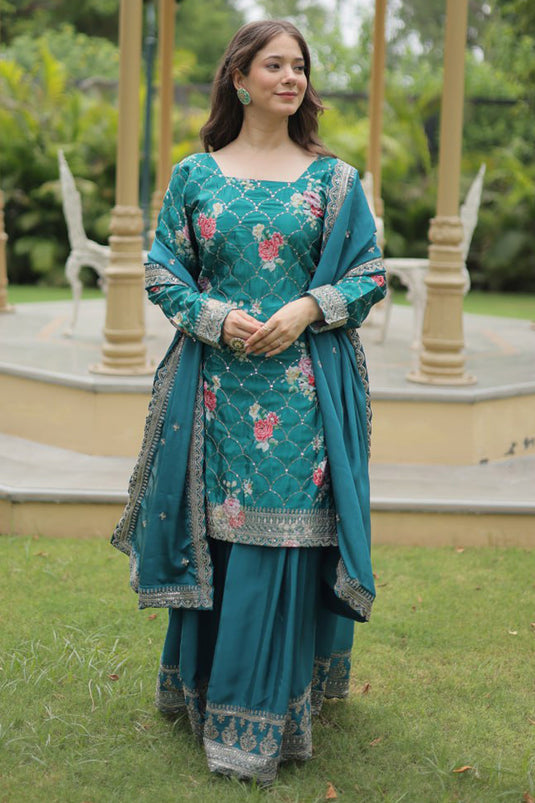 Blue Color Embroidered Readymade Palazzo Suit