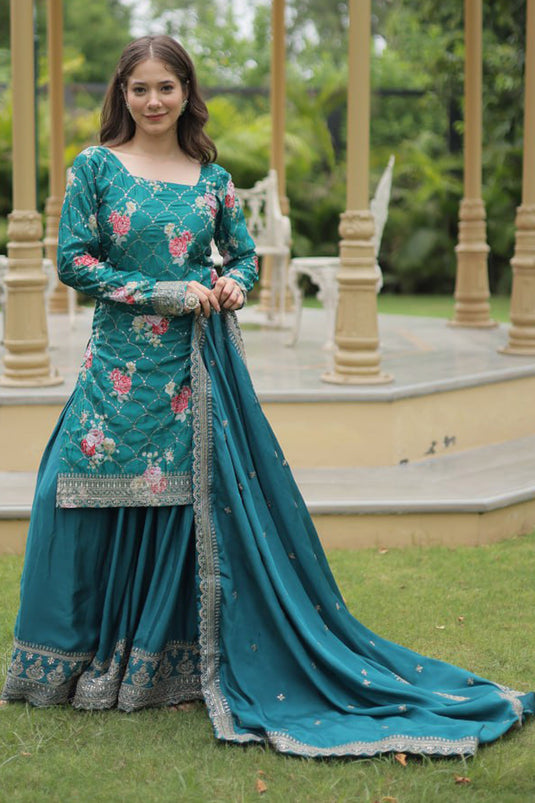 Blue Color Embroidered Readymade Palazzo Suit