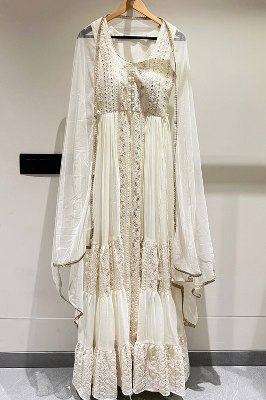 Georgette Designer Embroidered Readymade Anarkali Salwar Suit In Off White Color
