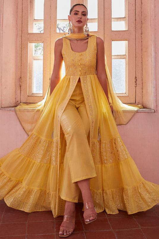 Yellow Georgette Festive Wear Readymade Anarkali Suit With Embroidery Designs