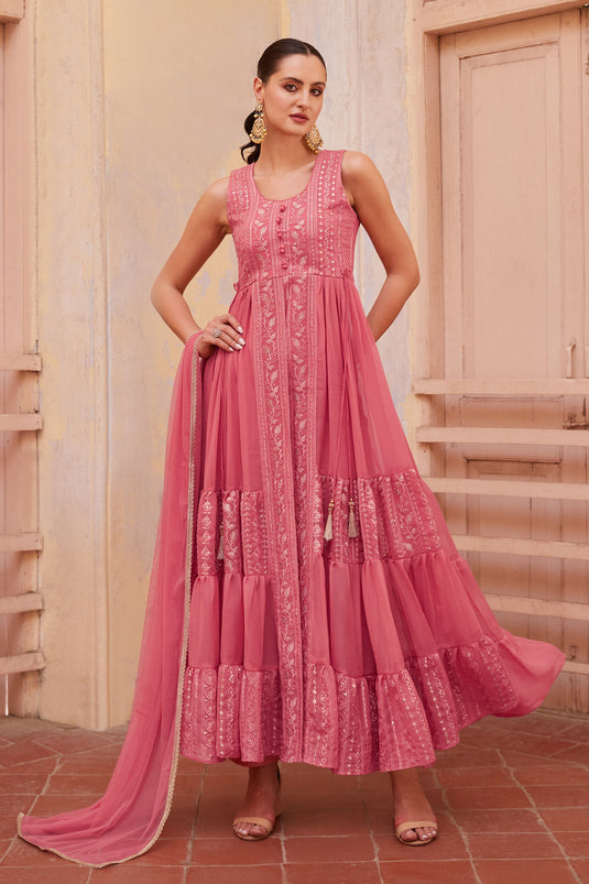 Pink Georgette Fabric Designer Embroidery Work Readymade Anarkali Salwar Kameez