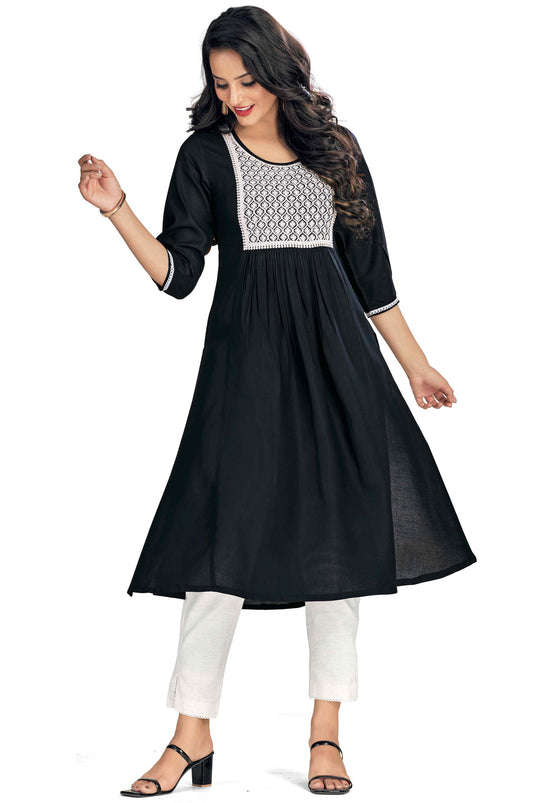 Engaging Black Color Rayon Fabric Readymade Embroidered Kurti