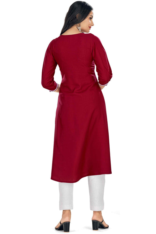 Tempting Rayon Fabric Maroon Color Readymade Embroidered Kurti