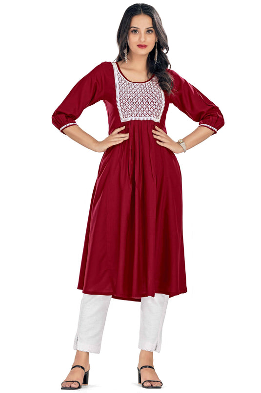 Tempting Rayon Fabric Maroon Color Readymade Embroidered Kurti