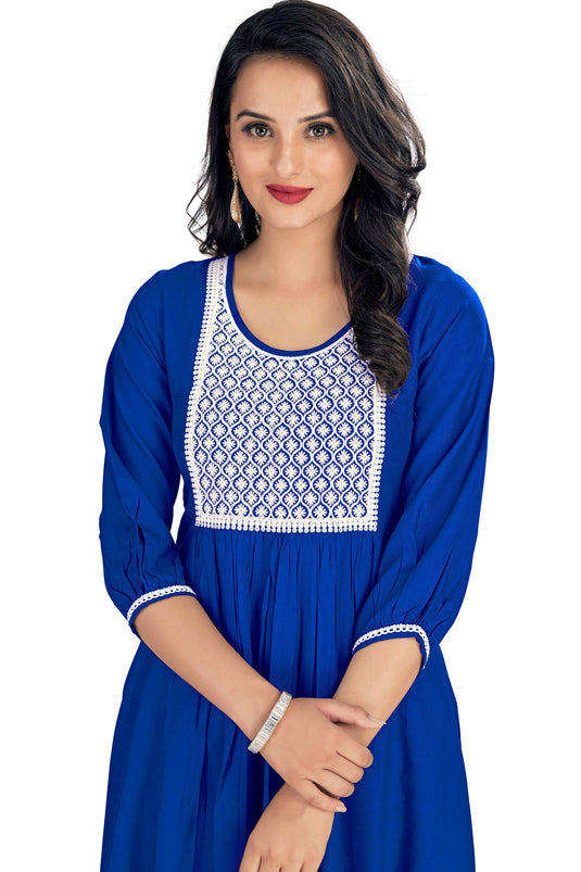 Bewitching Rayon Fabric Readymade Embroidered Kurti In Blue Color