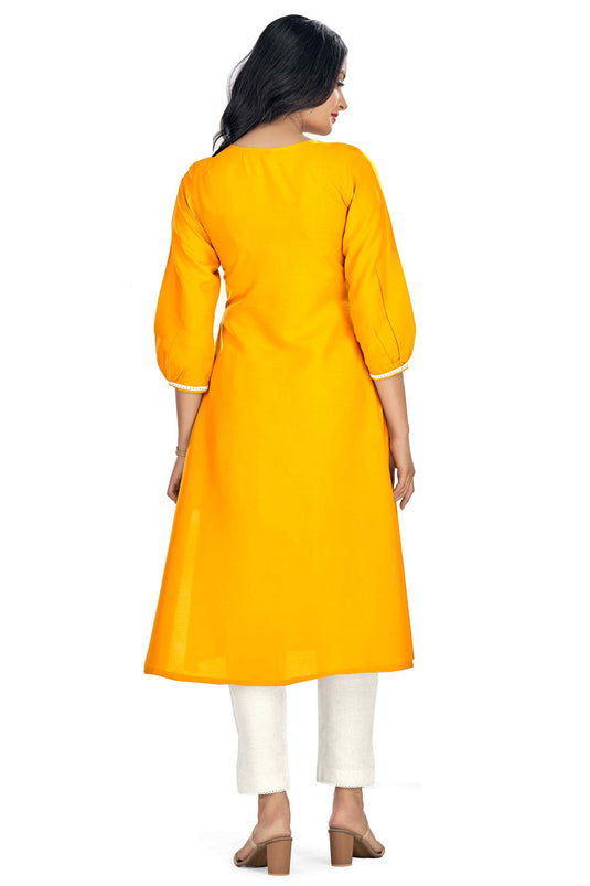 Appealing Yellow Color Rayon Fabric Readymade Embroidered Kurti