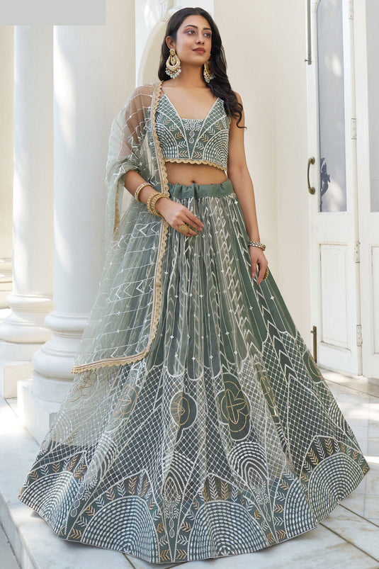 Sequins Work On Net Fabric Sea Green Color Gorgeous Lehenga