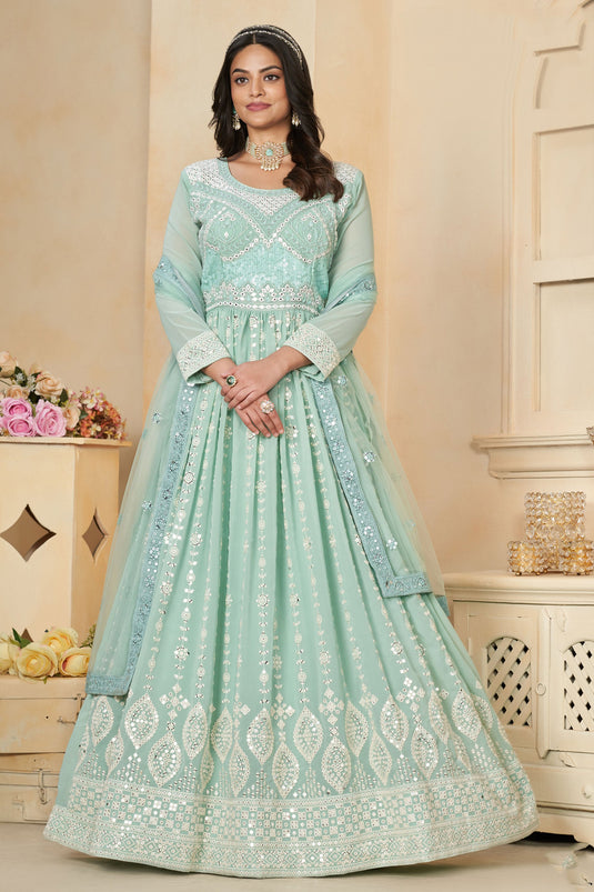 Elegant Georgette Sequins Designs Sea Green Color Readymade Anarkali Suit