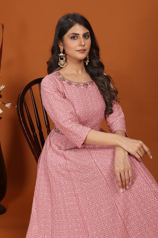 Embroidered Work Pink Color Fashionable Gown With Dupatta In Georgette Fabric