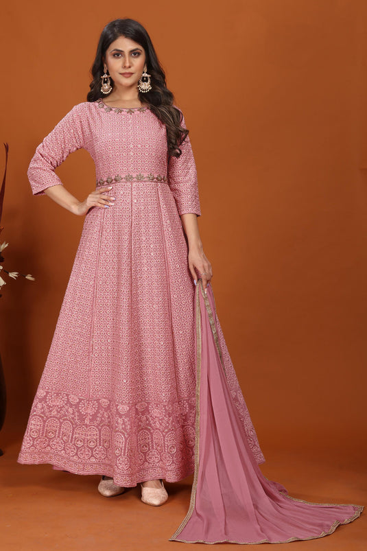 Embroidered Work Pink Color Fashionable Gown With Dupatta In Georgette Fabric