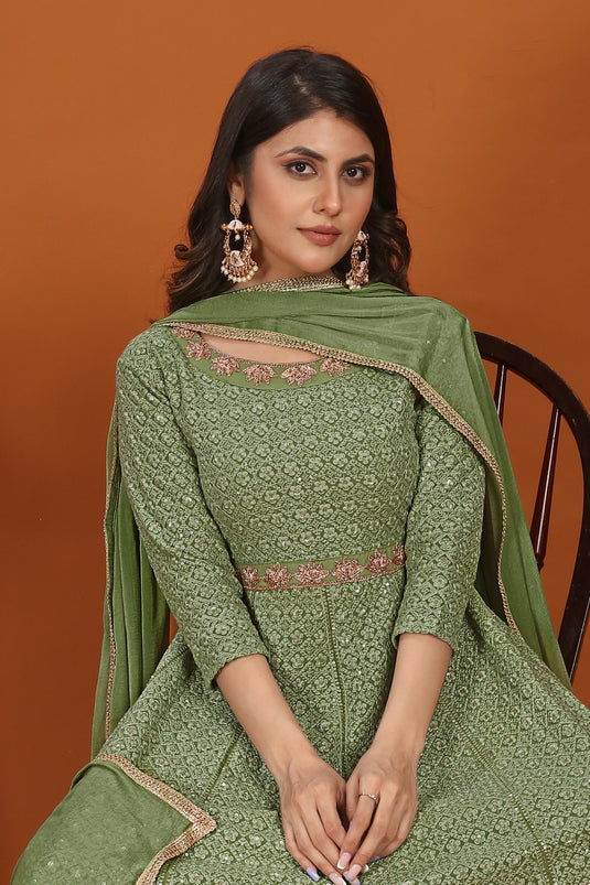 Georgette Fabric Embroidered Work Glamorous Gown With Dupatta In Sea Green Color