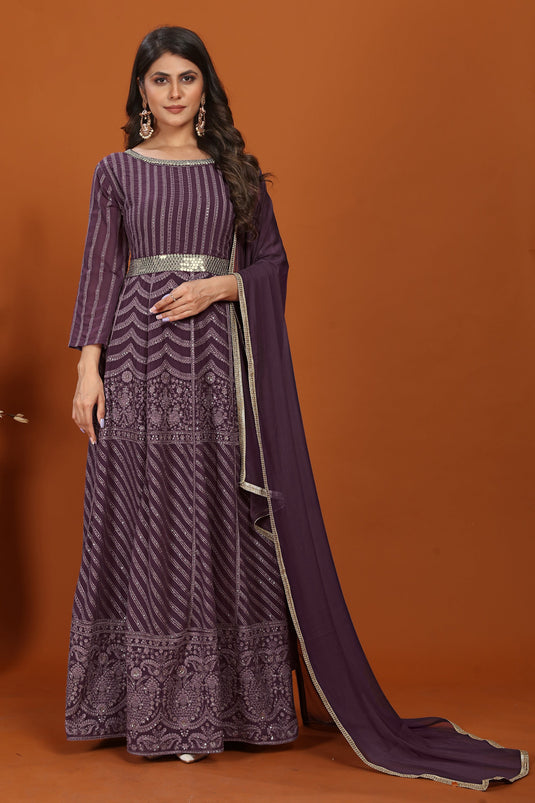 Purple Color Embroidered Work Luminous Gown With Dupatta In Georgette Fabric