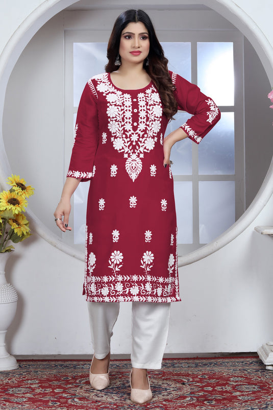 Beguiling Maroon Color Rayon Fabric Chikankari Embroidered Kurti With Bottom