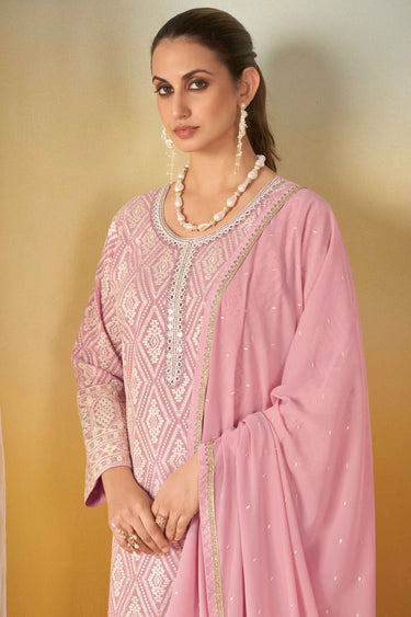 Ethnic Georgette Embroidered Readymade Palazzo Suit In Pink Color