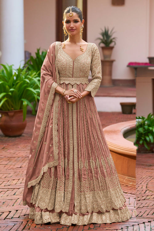 Chinon Pink Readymade Long Top With Designer Skirt