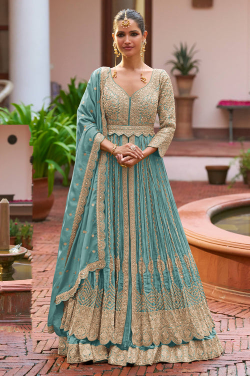 Chinon Function Wear Sky Blue Readymade Long Top And Skirt