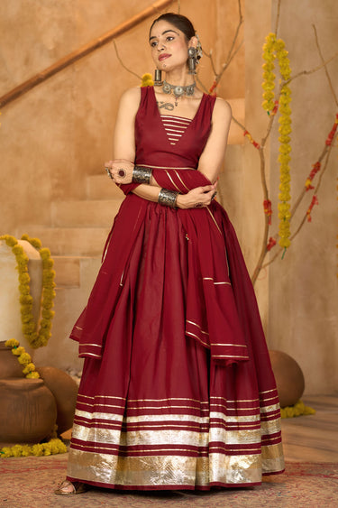 Maroon Silk Mirror Embroidery Lace Work Navratri Lehenga