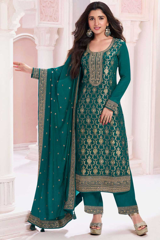 Nidhi shah Tempting Viscose Fabric Teal Color Salwar Suit