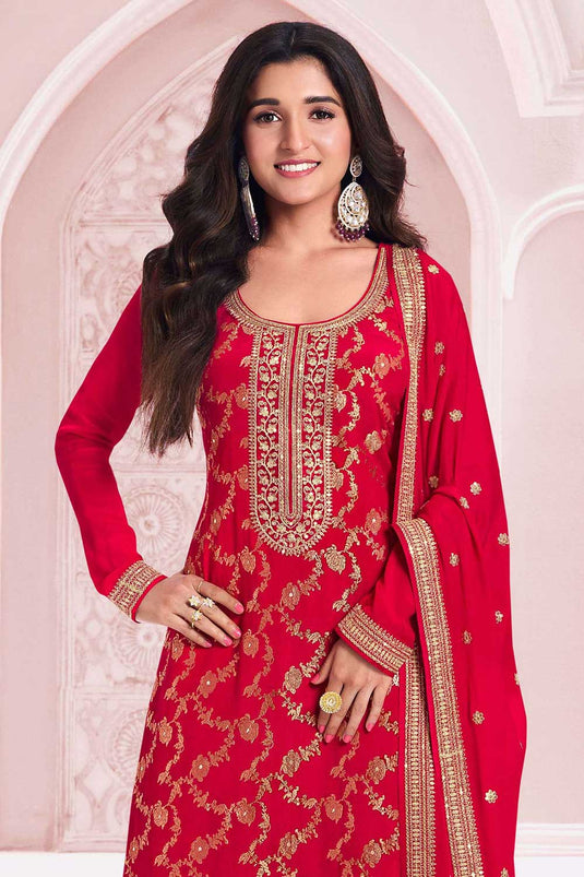 Nidhi shah Classic Red Color Salwar Suit In Viscose Fabric