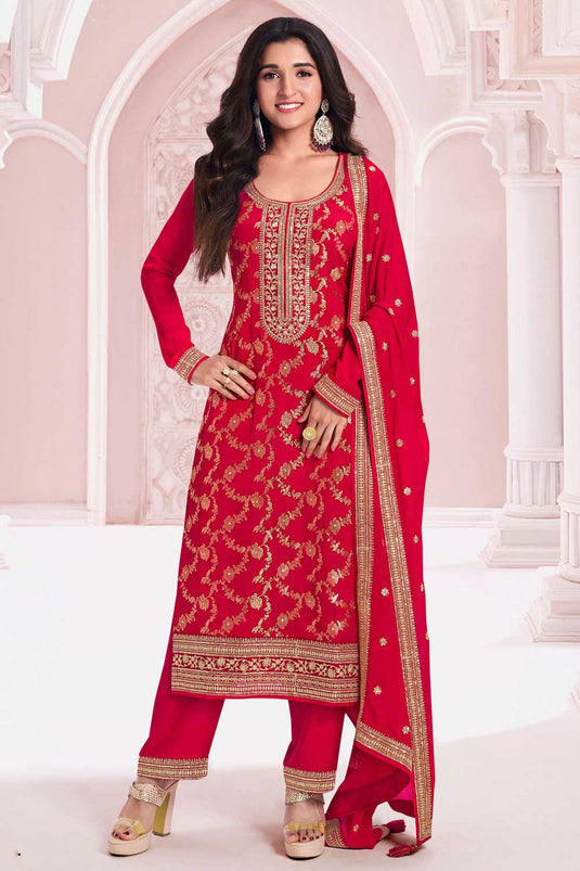 Nidhi shah Classic Red Color Salwar Suit In Viscose Fabric