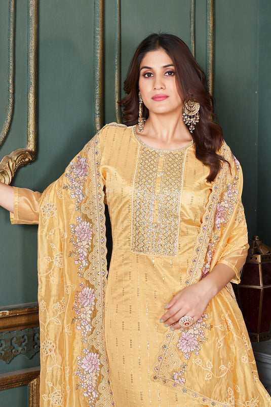 Incredible Organza Fabric Cream Color Function Wear Salwar Suit