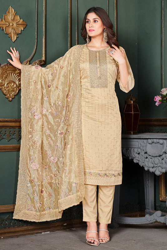Engaging Beige Color Organza Fabric Function Wear Salwar Suit