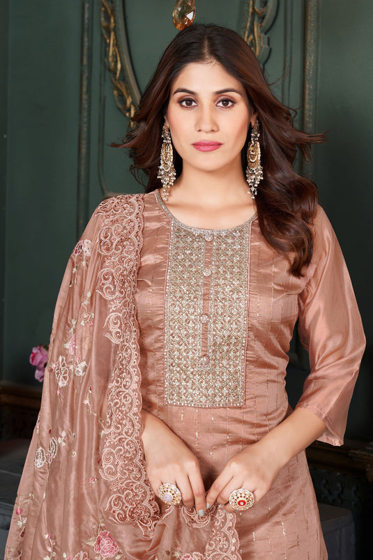 Classic Function Wear Peach Color Salwar Suit In Organza Fabric