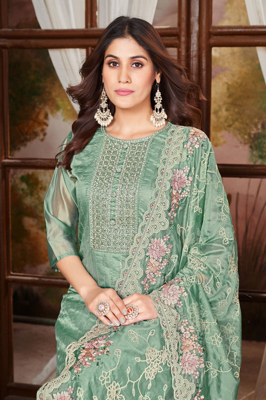 Organza Fabric Sea Green Color Function Wear Winsome Salwar Suit