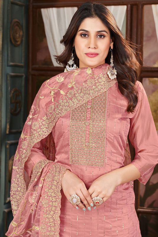 Creative Function Wear Organza Fabric Salwar Suit In Pink Color