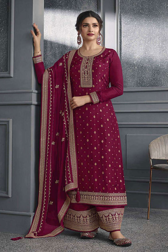 Prachi Desai Magenta Color Charismatic Jacquard Silk Palazzo Suit