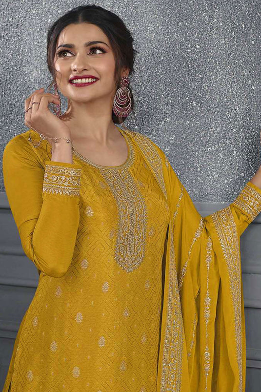 Prachi Desai Yellow Color Glorious Jacquard Silk Palazzo Suit