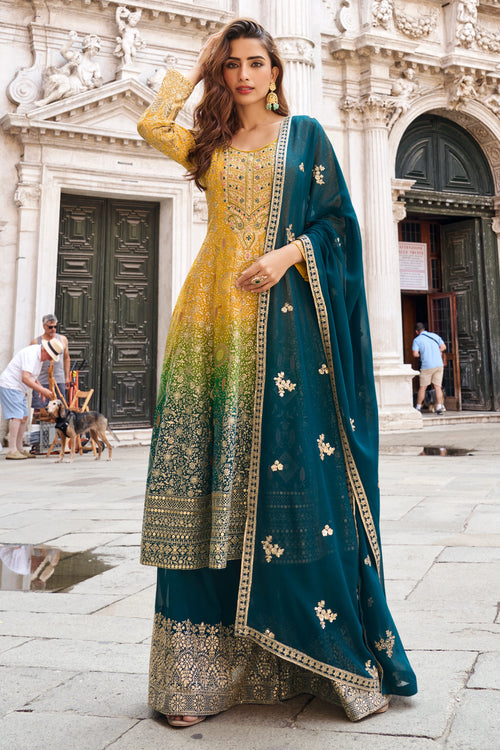 Yellow Embroidered Georgette Readymade Palazzo Salwar Kameez