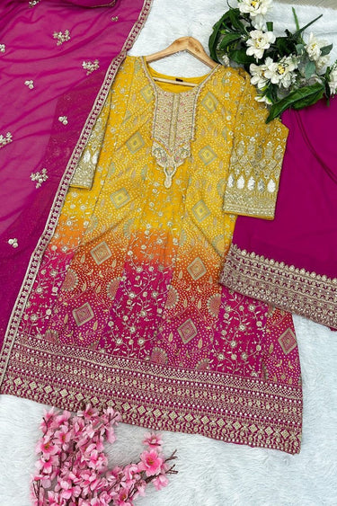 Georgette Yellow Embroidered Designer Readymade Palazzo Salwar Suit