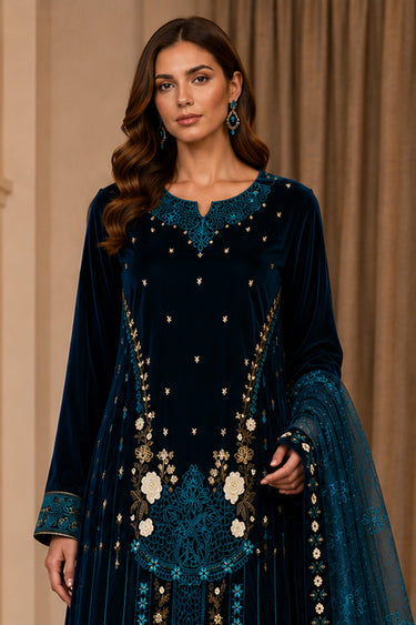 Traditional Velvet Embroidered Designer Sharara Salwar Kameez
