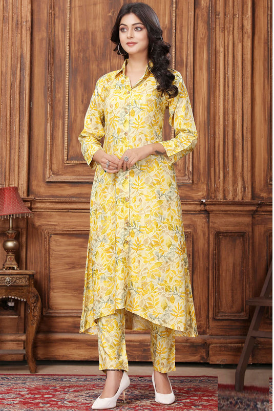 Bewitching Rayon Fabric Readymade Kurti With Bottom In Yellow Color