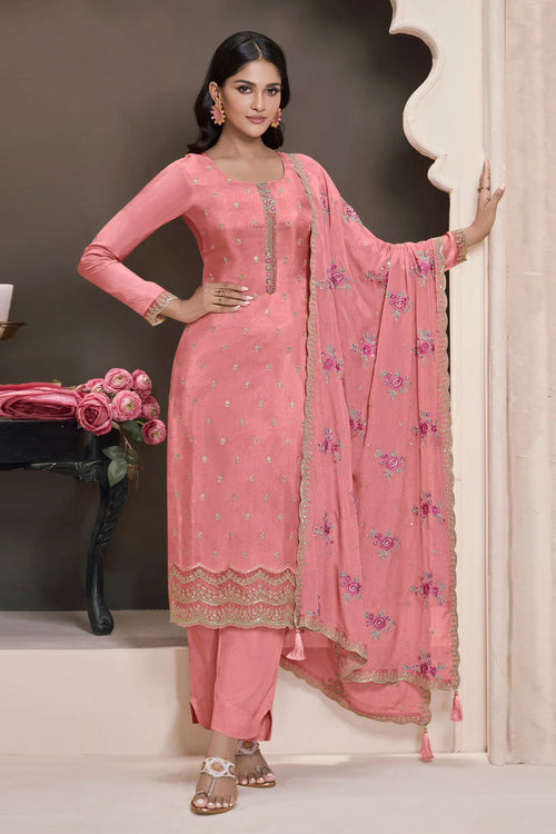 Embroidered Art Silk Straight Cut Suit