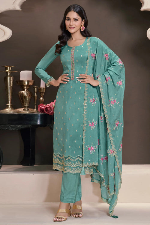 Designer Art Silk Straight Cut Suit With Embroidery Work