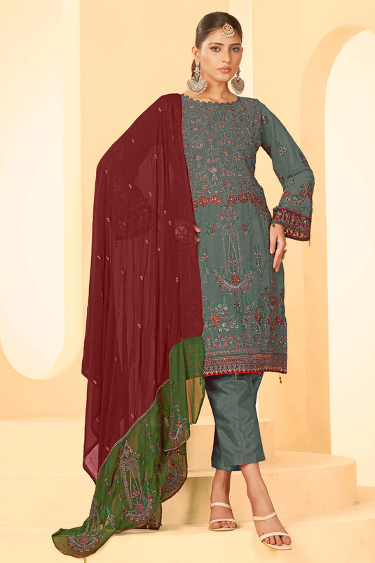 Sea Green Color Georgette Fabric Party Style Awesome Pakistani Replica Suit