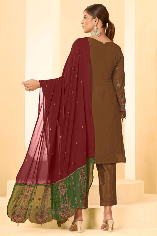 Georgette Fabric Party Style Beatific Pakistani Replica Suit In Brown Color