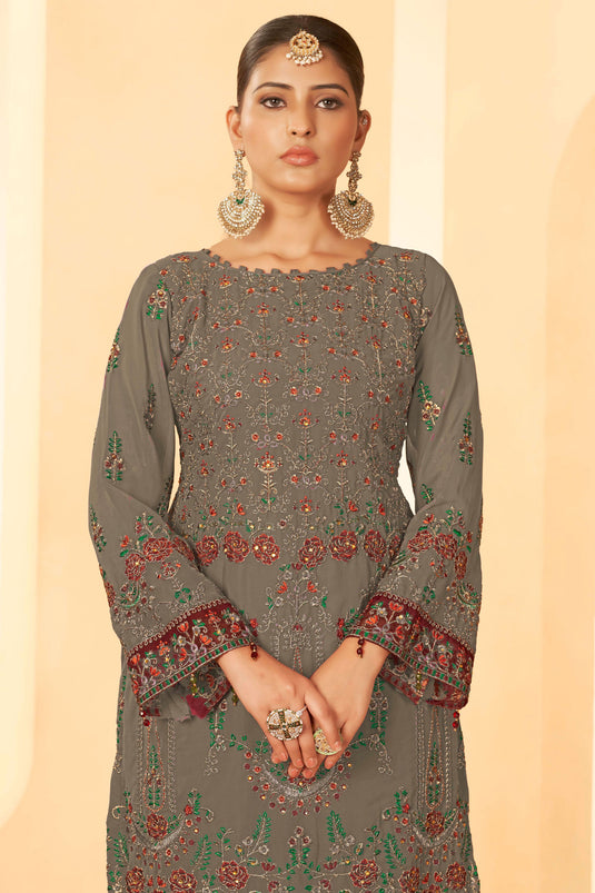 Georgette Fabric Dark Beige Color Party Style Elegant Pakistani Replica Suit