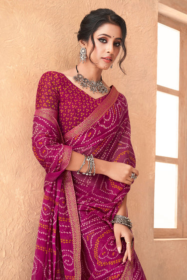 Bandhani Print Attached Banarasi Border Casual Saree In Magenta Color