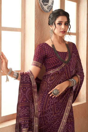 Casual Bandhani Print Attached Banarasi Border Saree In Wine Color