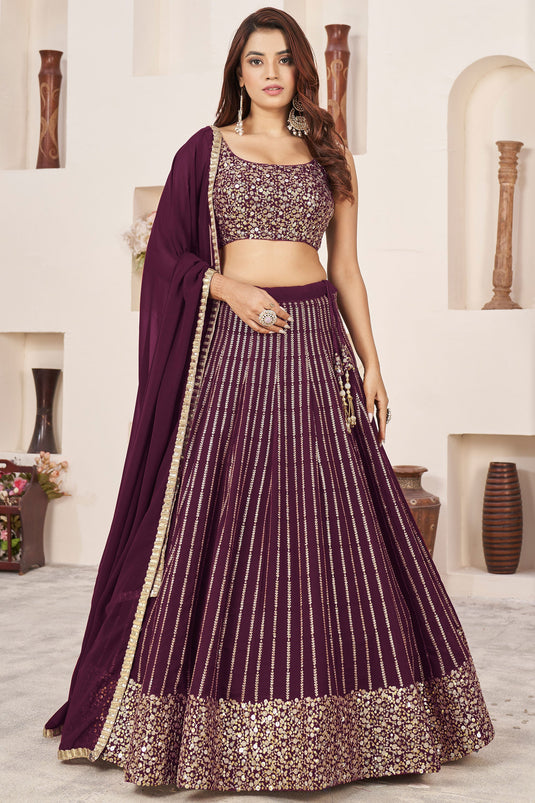 Vibrant Wine Color Georgette Sequins Design Lehenga Choli For Function