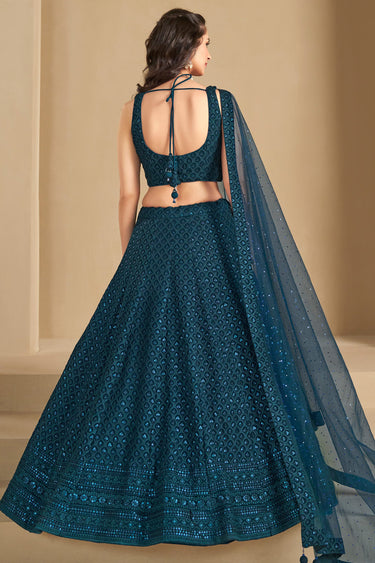 Sequins Work Wedding Wear Lehenga Choli In Blue Color