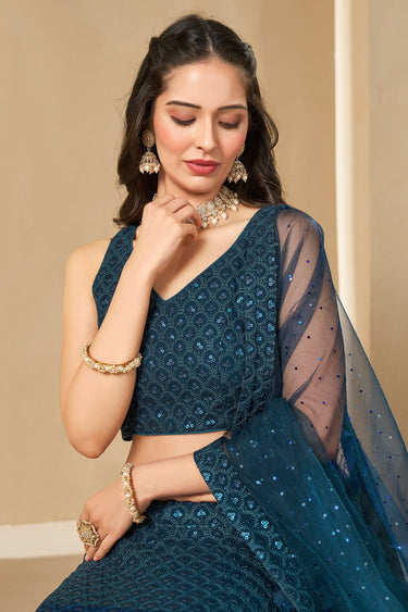 Sequins Work Wedding Wear Lehenga Choli In Blue Color