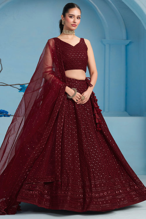Sequins Work Wedding Wear Lehenga Choli In Maroon Color Georgette Fabric